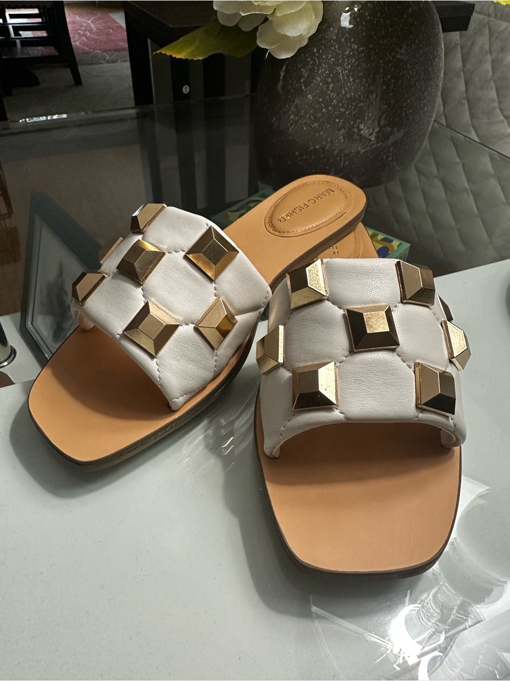Marc Fisher Ivory Bamer Studded Slide Sandals